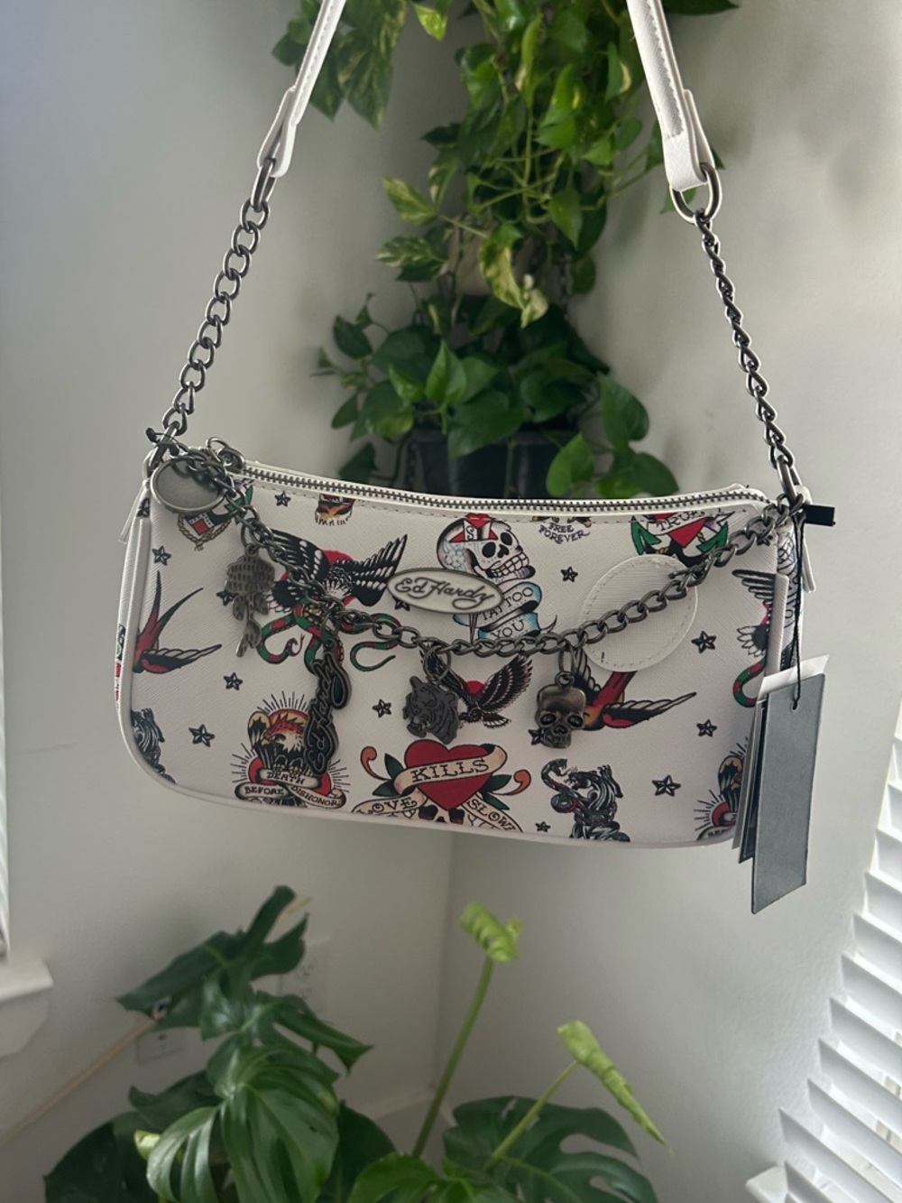 White Tattoo-Print Shoulder Bag with Chain Accent